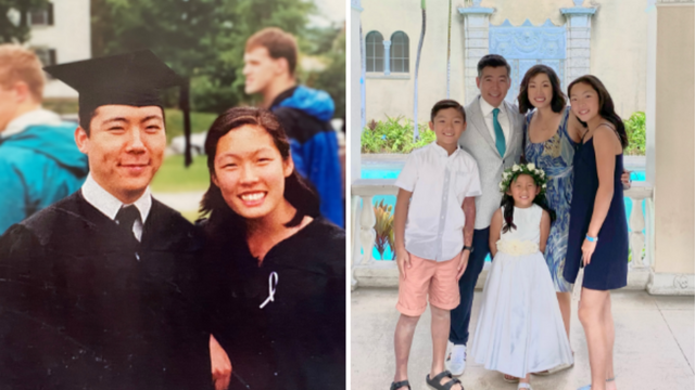 A photo of a couple at graduation and then a photo of them today posing with their three children.